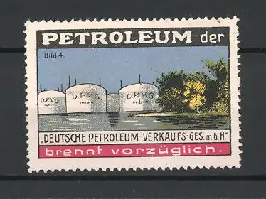 Reklamemarke Petroleum der Deutschen Petroleum-Verkaufs-Gesellschaft, Petroleumtanks