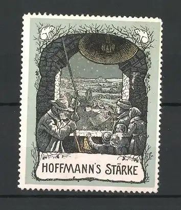 Reklamemarke Hoffmann's Stärke, Familie blickt aus einem Kirchturm hinaus auf die Stadt