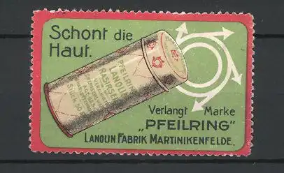 Reklamemarke Lanolin Rasierseife mit dem Pfeilring, Lanolin Fabrik Martinikenfelde, Dose