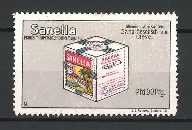 Reklamemarke Sanella Mandelmilch-Margarine, Sana-Gesellschaft, Cleve, Margarinewürfel