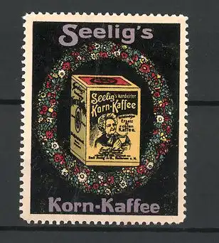 Reklamemarke Seelig's Korn-Kaffee, Verpackung in einem Blumenkranz