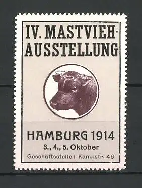 Reklamemarke Hamburg, IV. Mastvieh-Ausstellung 1914, Portrait eines Rindes