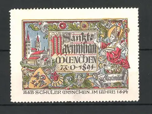 Reklamemarke München, Sankt Maximilian Lotterie 1894, Frauenkirche, Stadtwappen, Sankt Maximilian