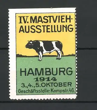 Reklamemarke Hamburg, IV. Mastvieh-Ausstellung 1914, Kuh auf der Weide