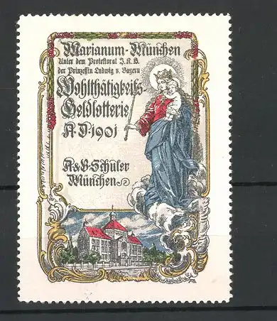 Reklamemarke Wohltätigkeits-Geldlotterie des Marianum in München 1901, Kirche und Gnadenbild