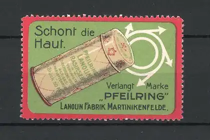Reklamemarke Lanolin Rasierseife mit dem Pfeilring, Lanolin-Fabrik Martinikenfelde, Dose