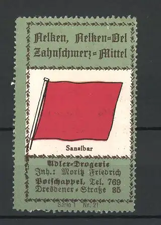 Reklamemarke Flagge von Sansibar, Zahnschmerzmittel der Adler-Drogerie Moritz Friedrich, Potschappel