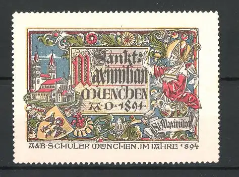 Reklamemarke München, Sankt Maximilian Lotterie 1894, Sankt Maximilian, Frauenkirche und Stadtwappen