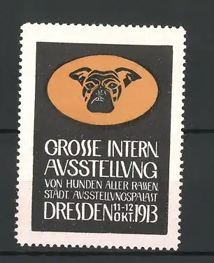 Reklamemarke Dresden, Grosse Internationale Ausstellung von Hunden aller Rassen 1913, Hundekopf