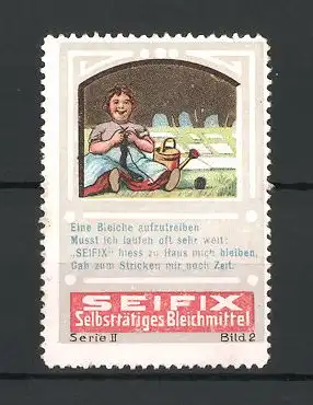 Reklamemarke Seifix selbsttätiges Bleichmittel, Hausfrau strickend auf der Wiese sitzend