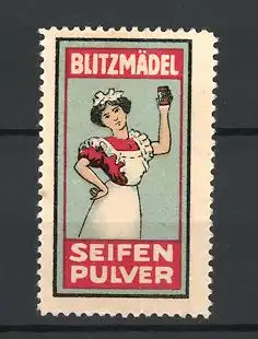 Reklamemarke Blitzmädel Seifenpulver, Hausfrau mit Schachtel