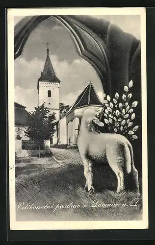 Künstler-AK Lomnice n. L., Velikonocni, Kirche und Lamm