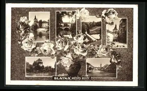 AK Blatná, Mesto Ruzí, Collage mit Ansichtskartenmotiven