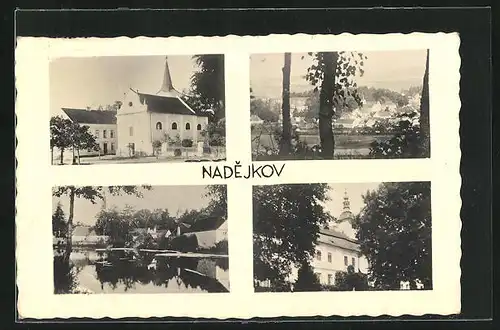 AK Nadejkov, Uferpartie mit Blick zum Ort, Waldpartie mit Teilansicht, Kirche