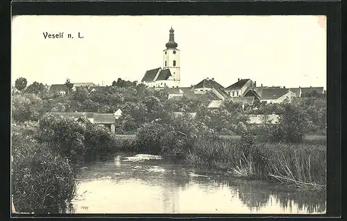 AK Veselí n. L., Flusspartie mit Blick zum Ort