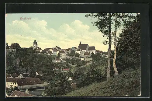 AK Bechyne, Panorama vom Ort vom Hügel aus