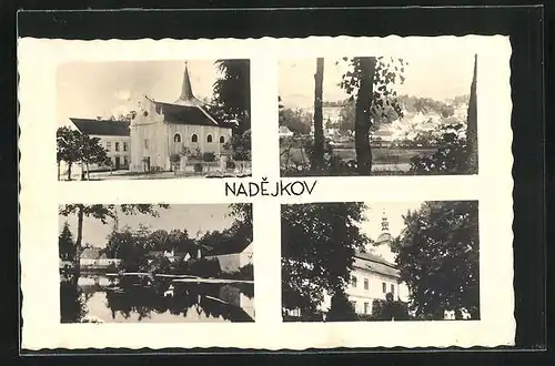 AK Nadejkov, Kirche, Teich, Schloss und Ortspanorama