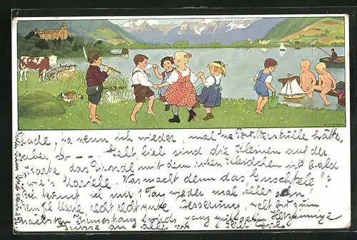 Künstler-AK Gertrud Caspari: Sommerluft, Kinder spielen an Bergsee