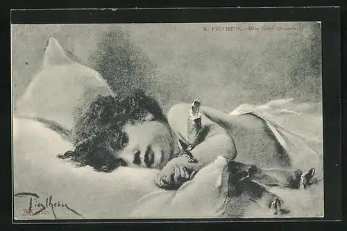 Künstler-AK sign. Piglhein: Mein lieber Hanswurst, Mädchen kuschelt mit ihrer Puppe im Bett