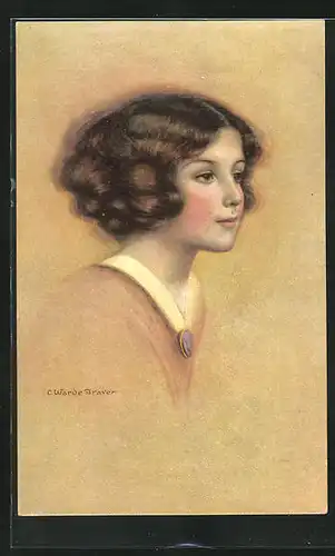 Künstler-AK sign. C. Warde-Traver: Mädchenkopf mit braunem Haar
