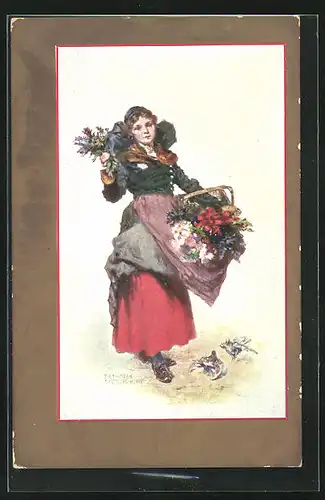 Künstler-AK sign. T. Ethofer: Blumenverkäuferin, Floristin