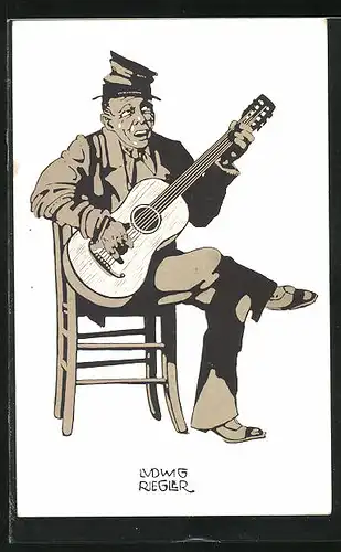 Künstler-AK sign. Ludwig Riegler: München, Ausstellung 1910, Mann mit Gitarre auf Stuhl sitzend