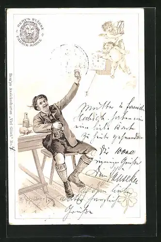 Künstler-Lithographie H. Schubert: Viel Glück, Alpenbewohner und Putten