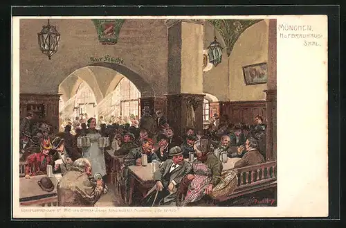 Künstler-Lithographie Paul Hey: München, Gasthof Hofbräuhaus, Saal mit Durchgang zur Küche