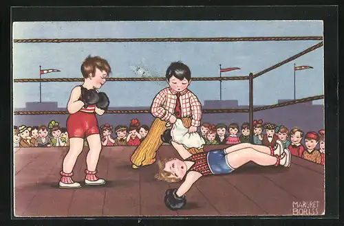 Künstler-AK Margret Boriss: Boxer liegt im Ring auf dem Boden