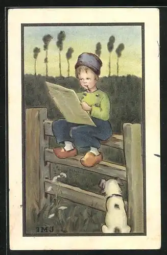 Künstler-AK I.M.J.: Auf Zaun sitzender Junge mit Zeitung und Hund