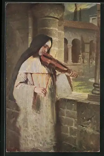 Künstler-AK Hermann Kaulbach: Ave Maria, Nonne spielt auf der Violine