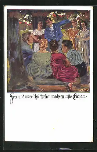 Künstler-AK Otto Amtsberg: Frei und unerschütterlich wachsen unsere Ecihen, junge Leute im Walde