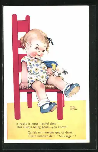 Künstler-AK Mabel Lucie Attwell: kleines Mädchen mit Puppe, traurig auf einem Stuhl sitzend