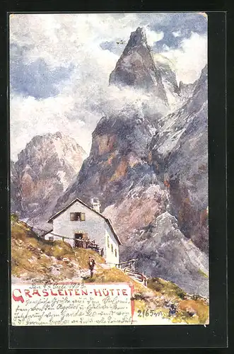 Künstler-AK Edward Theodore Compton: Grasleiten-Hütte gegen Gebirgszug