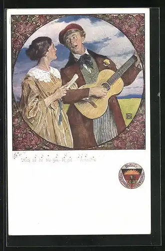 Künstler-AK Karl Friedrich Gsur, Deutscher Schulverein Nr. 459: Frau und Mann mit Gitarre singen gemeinsam