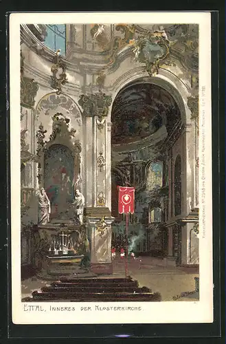 Künstler-Lithographie Zeno Diemer: Ettal, Inneres der Klosterkirche