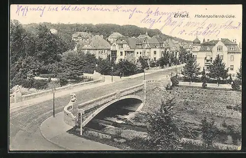 AK Erfurt, Ortspartie mit Hohenzollernbrücke und Häusern
