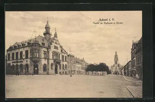 AK Adorf i.V., Markt mit Rathaus und Kirche