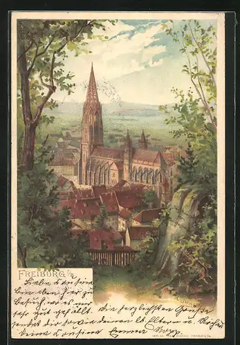 Lithographie Freiburg i / B., Teilansicht mit Kirche