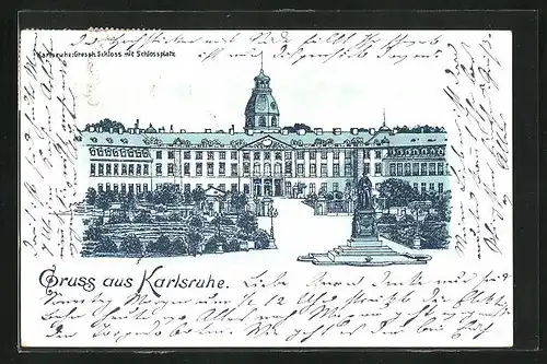 Lithographie Karlsruhe, Grossherzogliches Schloss mit Schlossplatz