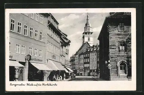 AK Langensalza, Strassenpartie mit Geschäften und Blick auf die Marktkirche