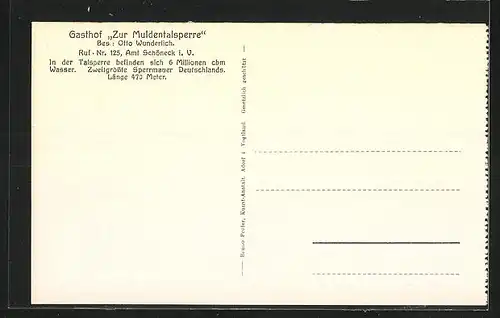 AK Muldenberg i. Vogtl., Gasthof Muldentalsperre von Otto Wunderlich, Talsperre