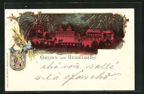 Lithographie Heidelberg, Feuerwerk über dem Schloss