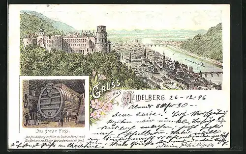 Lithographie Heidelberg, Panorama mit Stadt und Schloss, Grosses Fass im Schloss