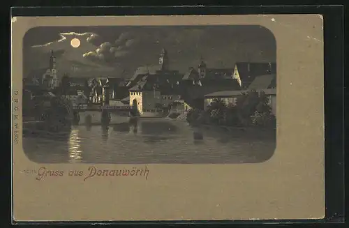 Lithographie Donauwörth, Teilansicht bei Mondschein