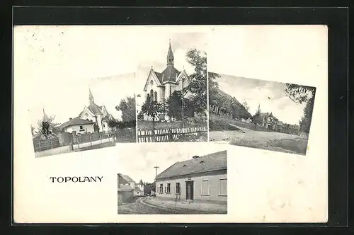AK Topolany, Skola, Kostel, Schule, Kirche, Strassenpartie