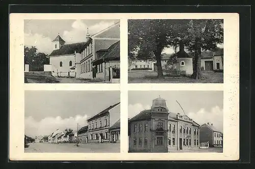 AK Horka n. Mor., Marktplatz mit Geschäften, Denkmal, Kirche