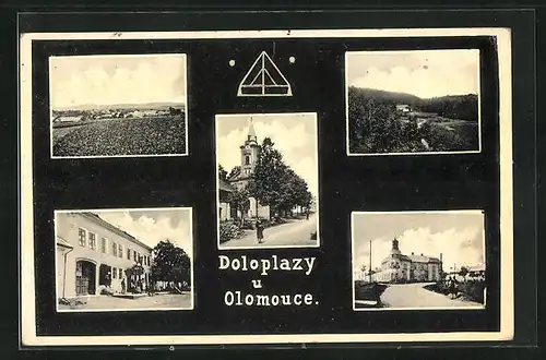 AK Doloplazy u Olomouce, Blick in eine Strasse mit Gebäudeansicht, Kirche, Perspektive aus der Vogelschau