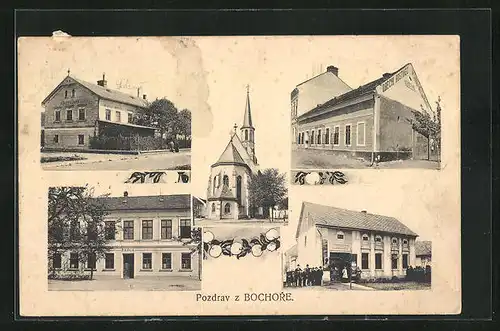 AK Bochor, Hotel Kuzelna, Blick zum Gasthaus mit Passanten, Schule
