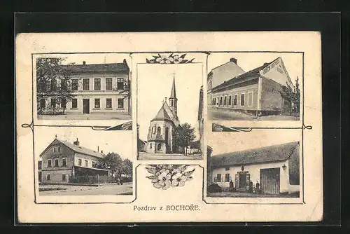 AK Bochor, Hotel Kuzelna, Kirche, Schule